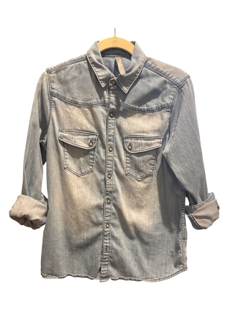 TAGS light wash distressed faded denim shirt small